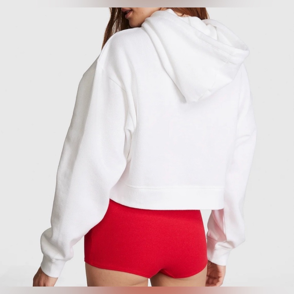 New Victoria's Secret PINK Everyday Fleece Cropped Hoodie Optic White Strawberry - Picture 2 of 7